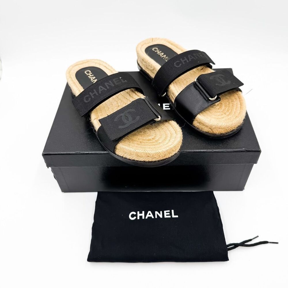 Chanel CC Monogram Black Sandals Espadrille Slides EU 37